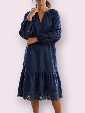Chico’s Popover Midi Dress Balloon Eyelet Sleeves Navy Blue Size 6